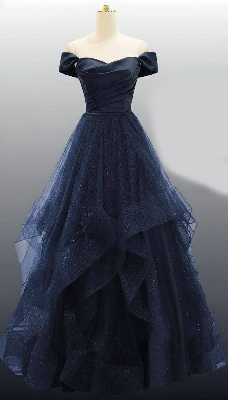 Elegant Navy Blue Sparkly Tulle Prom Dress Ruched Corset Graduation Dresses