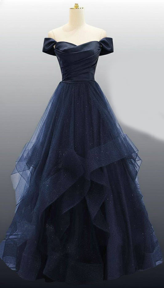 Elegant Navy Blue Sparkly Tulle Prom Dress Ruched Corset Graduation Dresses