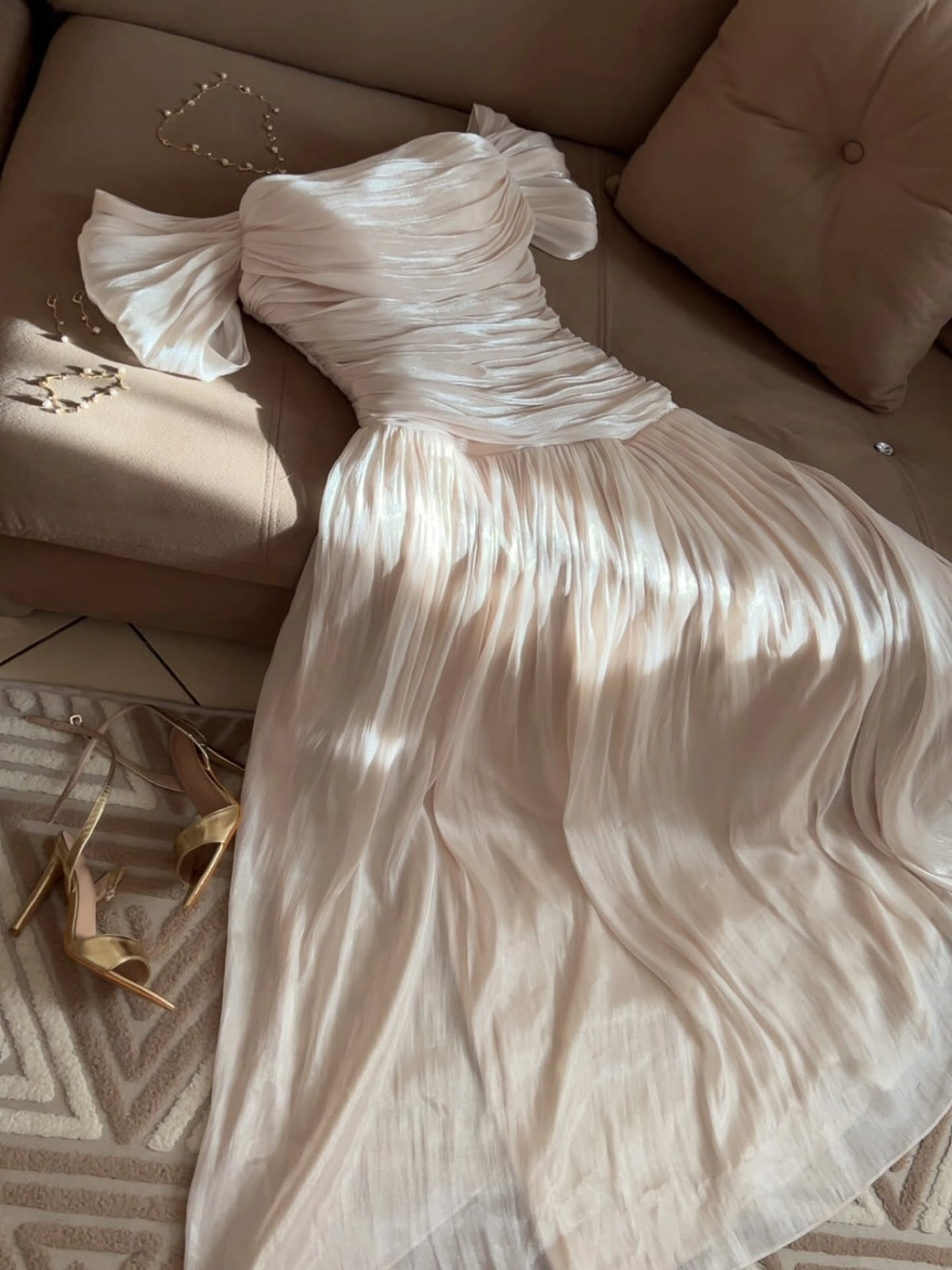 Off-the-shoulder Pleated Long dress A Line
