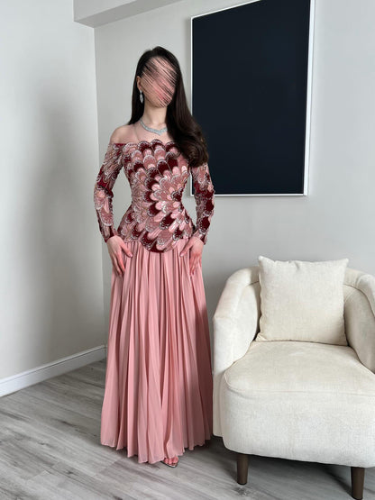 Pink Prom Dress Ball Gowns Off Shoulder Long Sleeve