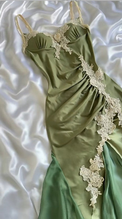 Olive Green Satin Prom Dress With Applique Vintage Formal Party Outfit