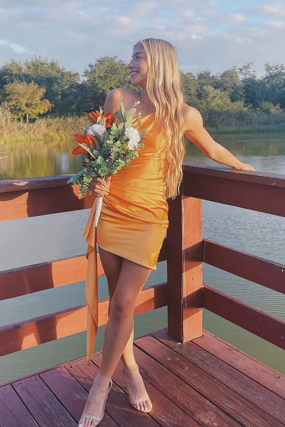 Orange One Shoulder Short Formal Dresses Tight Cocktail Gown