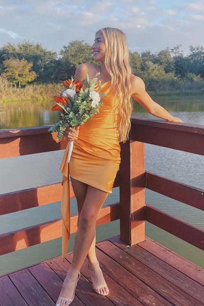 Orange One Shoulder Short Formal Dresses Tight Cocktail Gown