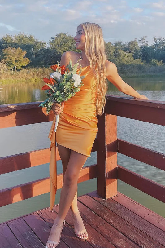 Orange One Shoulder Short Formal Dresses Tight Cocktail Gown