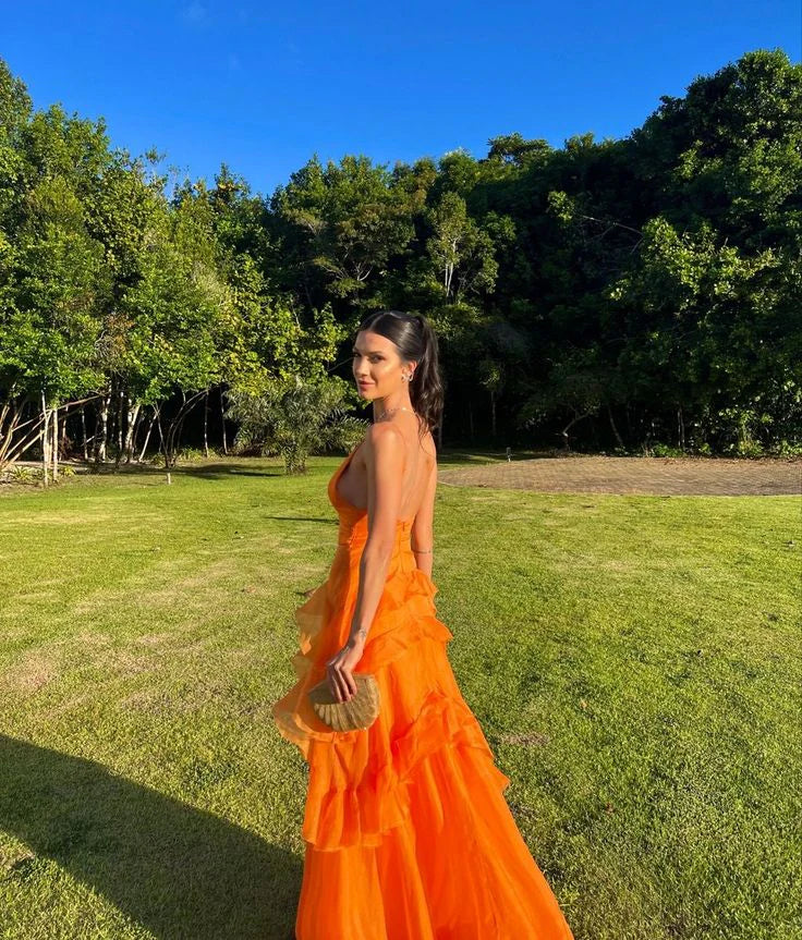 Orange Long Prom Dresses V Neck Formal Dress Outfits – jkprom