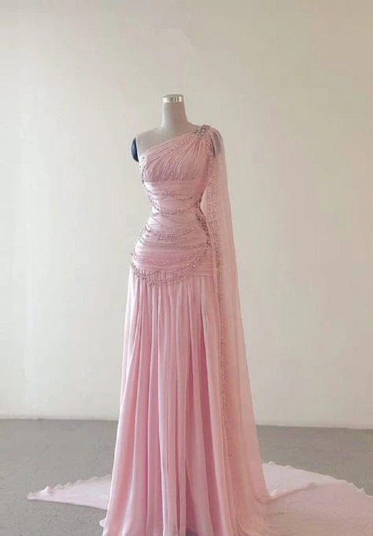 Fantasy Pink Chiffon Prom Dress Long Beaded Formal Evening Gown