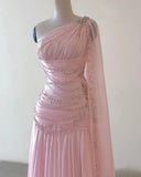 Fantasy Pink Chiffon Prom Dress Long Beaded Formal Evening Gown