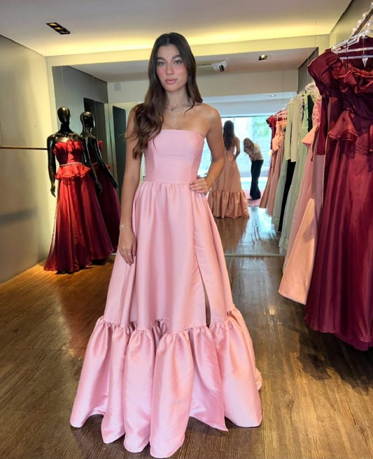 Elegant Pink Satin Strapless Evening Dress Women A-Line Prom Dress Simple Formal Occasion Gown