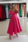 Pink Midi Length Formal Dress Off the Shoulder Satin Prom Dresses