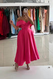 Pink Midi Length Formal Dress Off the Shoulder Satin Prom Dresses