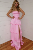 A-Line Straps Layered Satin Formal Prom Dress with Slit