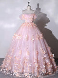 Stunning Pink Floral Off the Shoulder Prom Dresses Ball Gown Quinceanera Dress