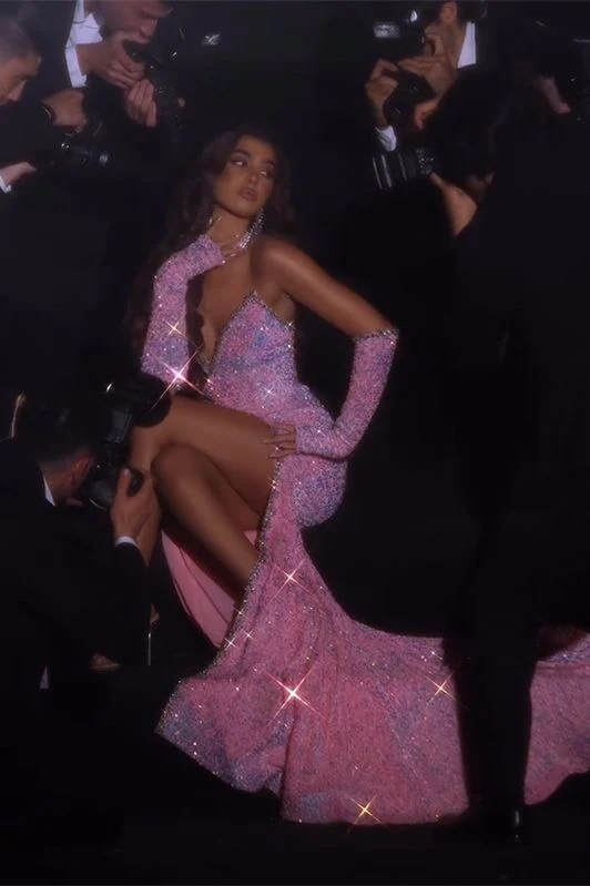 Sparkly Pink Sequin Mermaid Prom Dress Split Gala Dresses