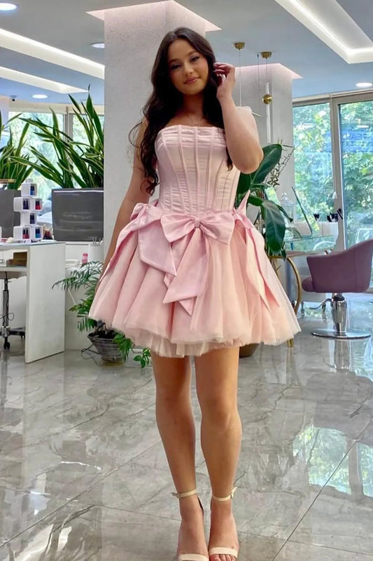 Strapless Pink Homecoming Dress Hoco Dresses with Bow