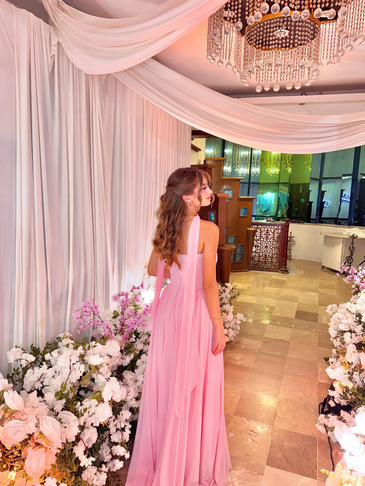 Flowing Pink Long Evening Dress Draped Scarf