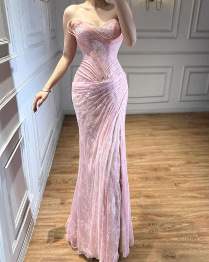 Pink Lace Formal Evening Dress Floor Length High Slit Special Occasion Dresses
