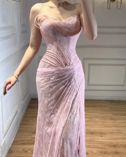 Pink Lace Formal Evening Dress Floor Length High Slit Special Occasion Dresses