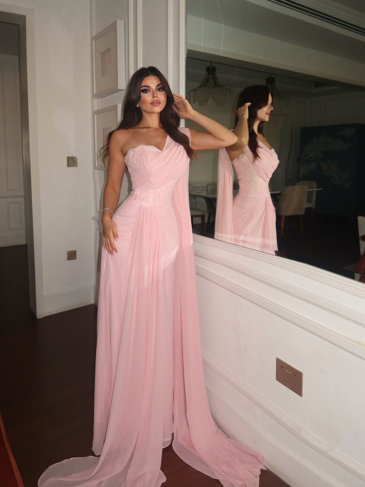 Pink One-shoulder Evening Gown Draped Cape Chiffon Gala Dresses