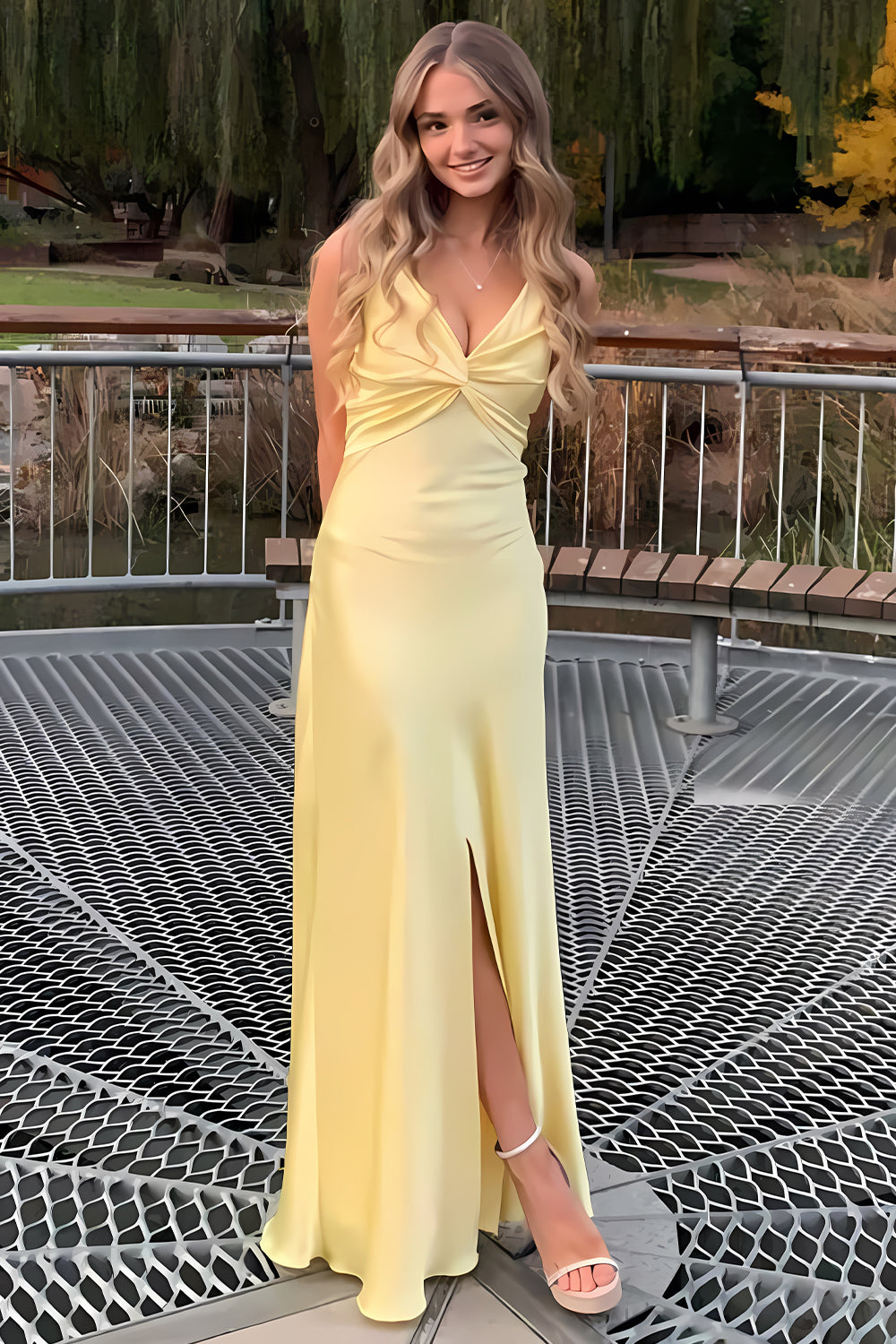 Chic Spaghetti Straps Yellow Long Party Dress with Slit