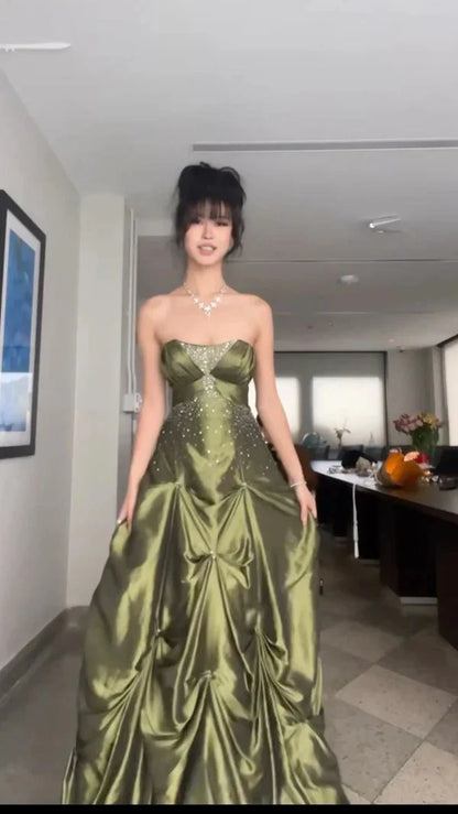 Forest Green Ball Gown Long Prom Dresses With Silver Beads Sweet Strapless Satin Evening Dress