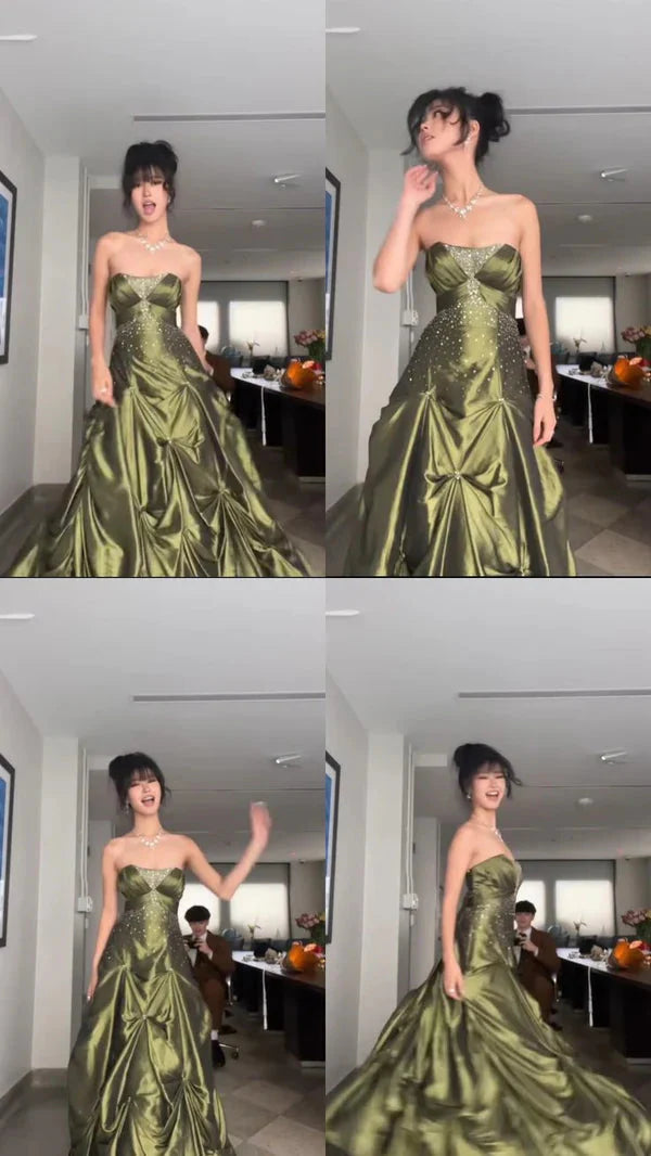 Forest Green Ball Gown Long Prom Dresses With Silver Beads Sweet Strapless Satin Evening Dress