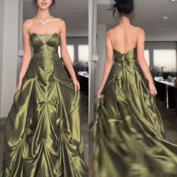Forest Green Ball Gown Long Prom Dresses With Silver Beads Sweet Strapless Satin Evening Dress