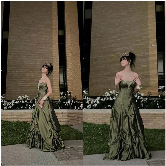 Forest Green Ball Gown Long Prom Dresses With Silver Beads Sweet Strapless Satin Evening Dress