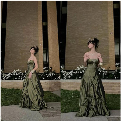 Forest Green Ball Gown Long Prom Dresses With Silver Beads Sweet Strapless Satin Evening Dress