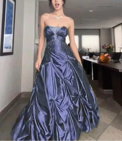 Forest Green Ball Gown Long Prom Dresses With Silver Beads Sweet Strapless Satin Evening Dress