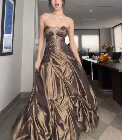 Forest Green Ball Gown Long Prom Dresses With Silver Beads Sweet Strapless Satin Evening Dress