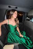 Spaghetti Straps A-Line Green Long Satin Dress Evening Gown