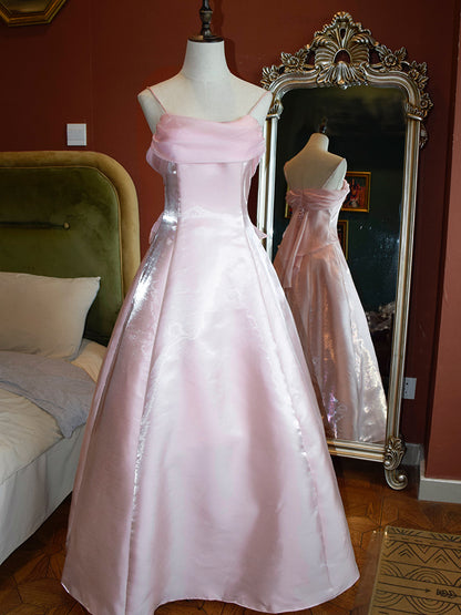 Pink Strapless Satin Prom Dress Long Ball Gowns Open Back