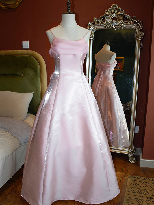 Pink Strapless Satin Prom Dress Long Ball Gowns Open Back