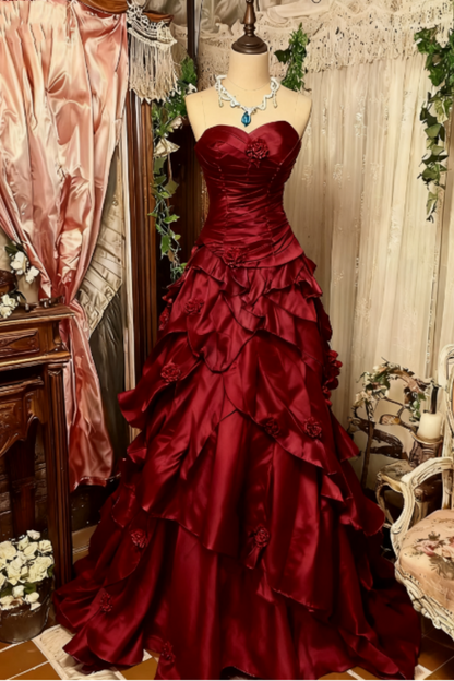 Wine Red Retro Elegant Delicate Floral Sweet Long Floor Length Ball Gown Evening Dress