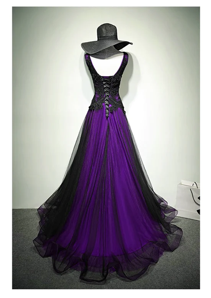 black and purple prom dress Gothic Tulle Long Prom Dress Purple and Black Formal Womens Dresses – jkprom