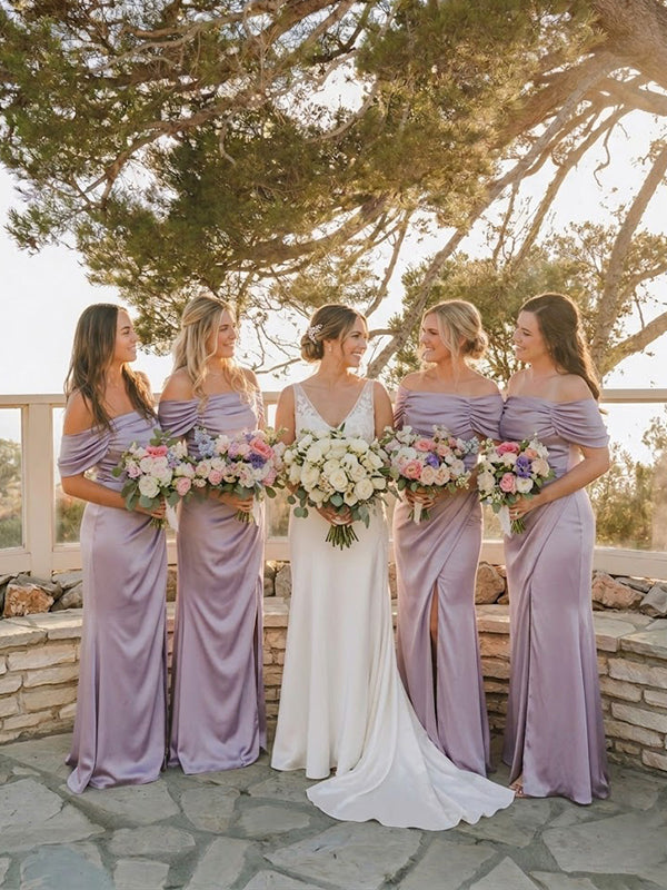Elegant Off the Shoulder Mermaid Bridesmaid Dress with Slit