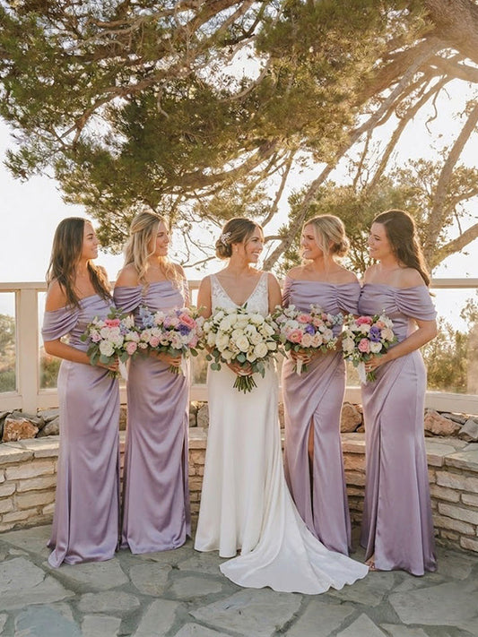 Elegant Off the Shoulder Mermaid Bridesmaid Dress with Slit