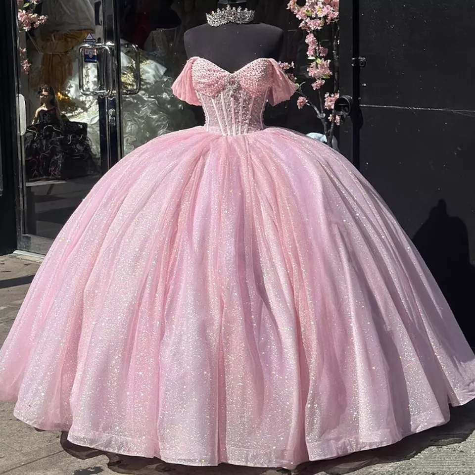 Quinceanera Dresses Pink Glitter, Ball Gown Birthday Xv Dress – jkprom