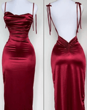 Sheath Navy Blue Satin Prom Dress Spaghetti Straps Backless Special Occasion Dresses