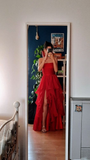 Red Ruffled Long Prom Dress A Line Split Evening Dresses