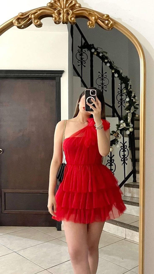 Red Asymmetrical Ruffle Layered Mesh Overlay Dress