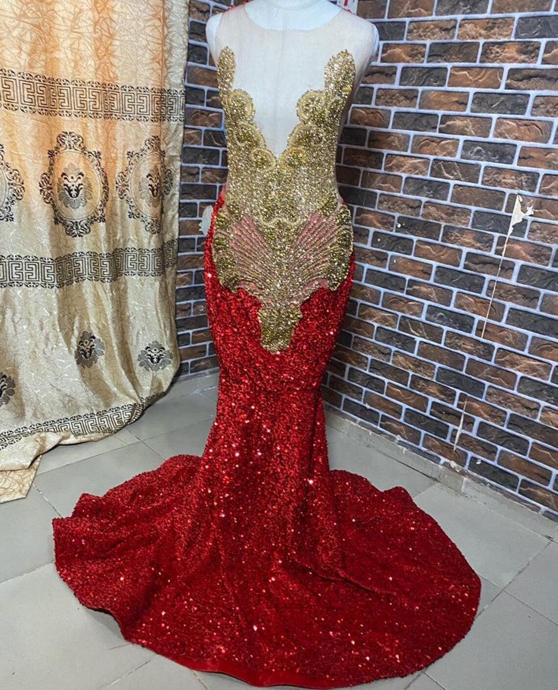 Sparkle Red Mermaid Dress Formal Gown Gold Crystal
