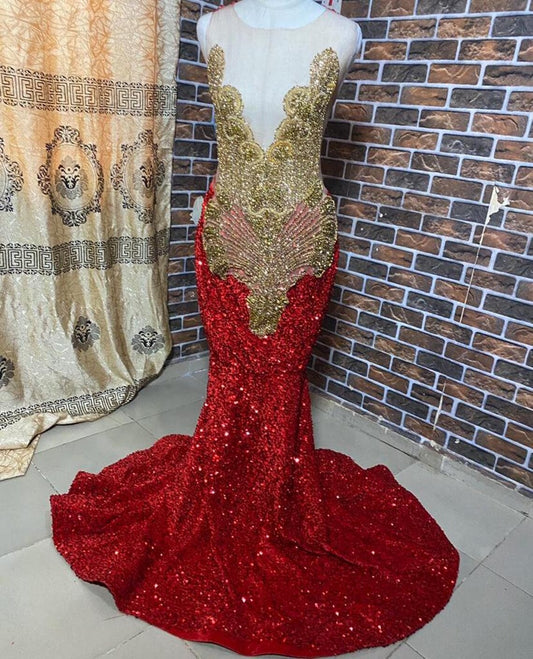 Sparkle Red Mermaid Dress Formal Gown Gold Crystal