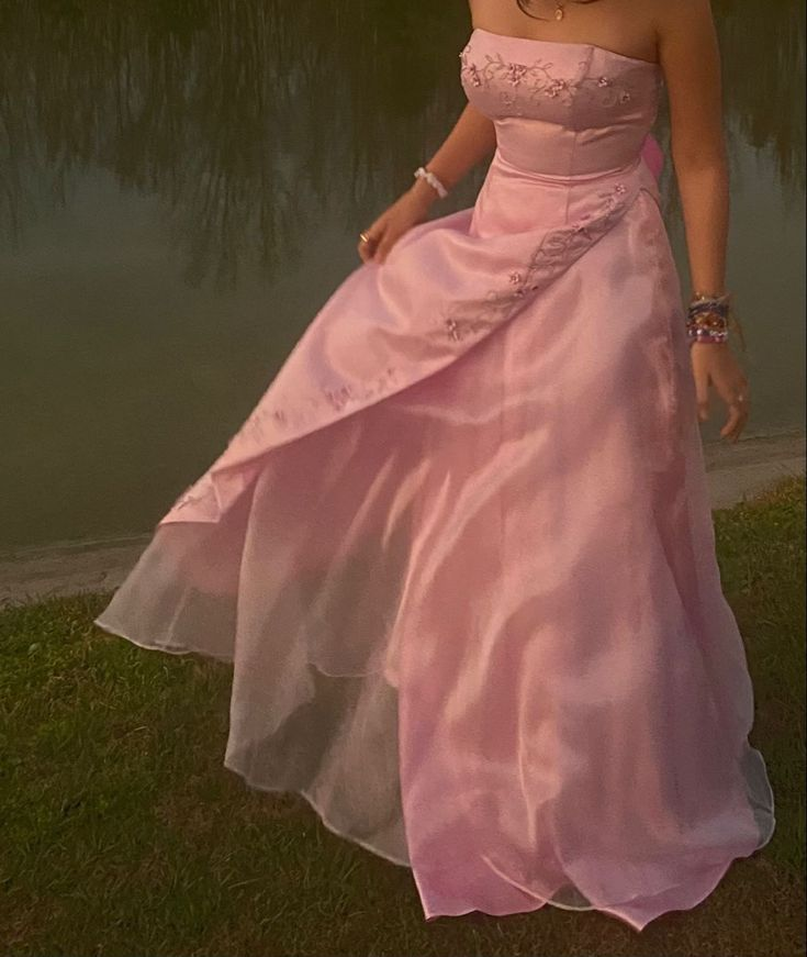Retro A Line Strapless Pink Chiffon Long Prom Dress Embroidered Corset Bodice