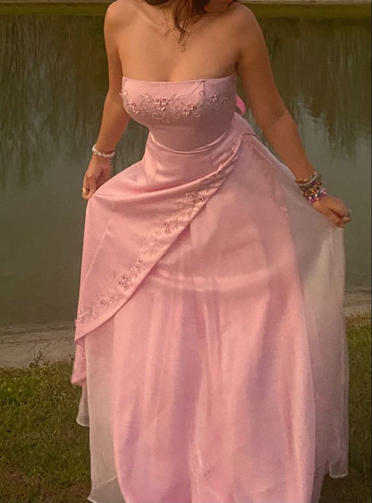 Retro A Line Strapless Pink Chiffon Long Prom Dress Embroidered Corset Bodice