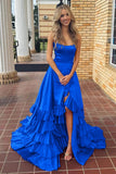 Strapless A Line Lace-Up Ruffled Tiered Prom Dress with Slit