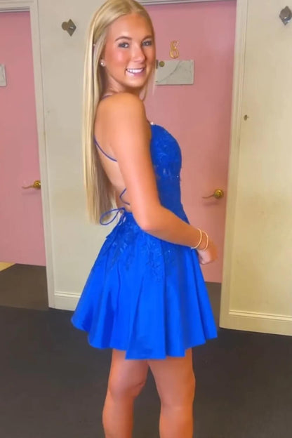 Short Royal Blue Cocktail Dresses Lace Applique Semi Formal Dress for Woman