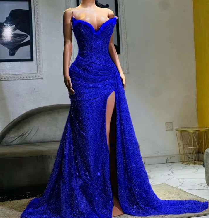 Purple High Split Evening Dresses Sequin Mermaid Prom Dress Long