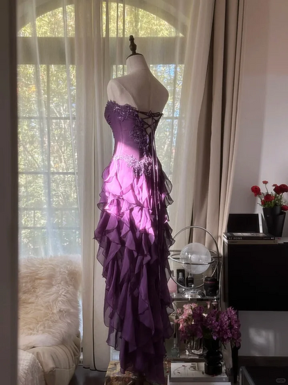 Unique Purple Prom Dress Designs Ruffle Chiffon Birthday Party Outfits Long