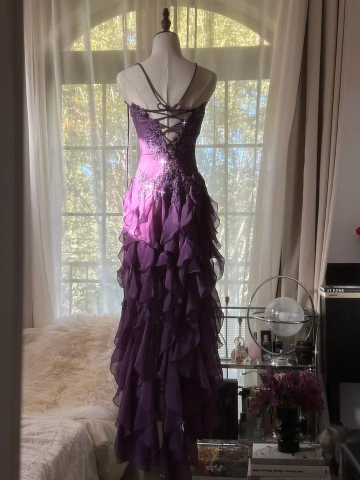 Unique Purple Prom Dress Designs Ruffle Chiffon Birthday Party Outfits Long